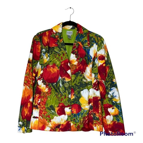 Chico's Jackets & Blazers - CHICO'S Abstract Multi-Color Floral Pattern Fitted Button Blazer Size M